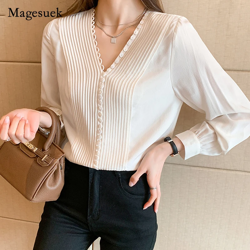 

Elegant Women Blouses 2021 Autumn New Silk Long Sleeve Blouse Pleated Fashion V-neck Button Up Shirt Clothes Blusas Mujer 16106