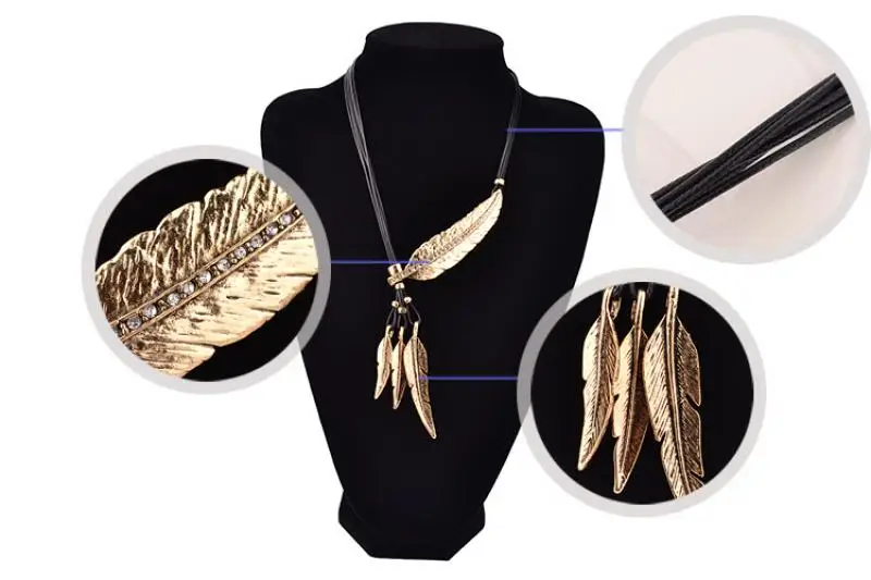 

Ladies Fashion Feather Leaf Black Leather Cord Multilayer Tassel Necklace Ladies Clavicle Chain Sweater Chain Jewelry Gift