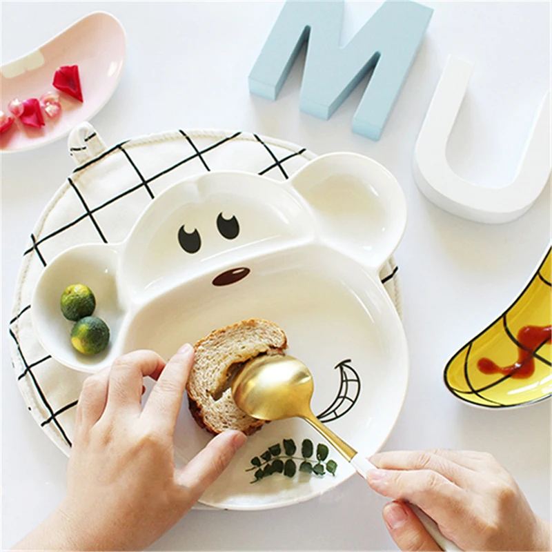 

1/2 Dessert Plate Set Cute Cartoon Multi-grid Fruit Tray Ceramics Decoration Storage Tray Home Restaurant Childrens Cutlery Set