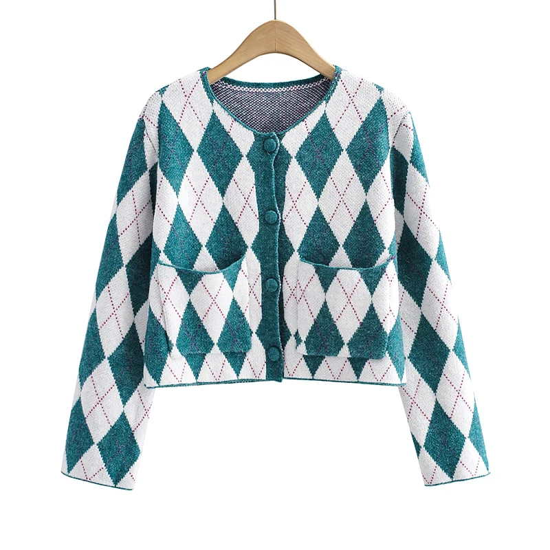 

Stylish Argyle Print Pockets Cardigan Autumn Women Single Breasted Long Sleeve Button Up Spring Knitted Sweater Coat Outerwear