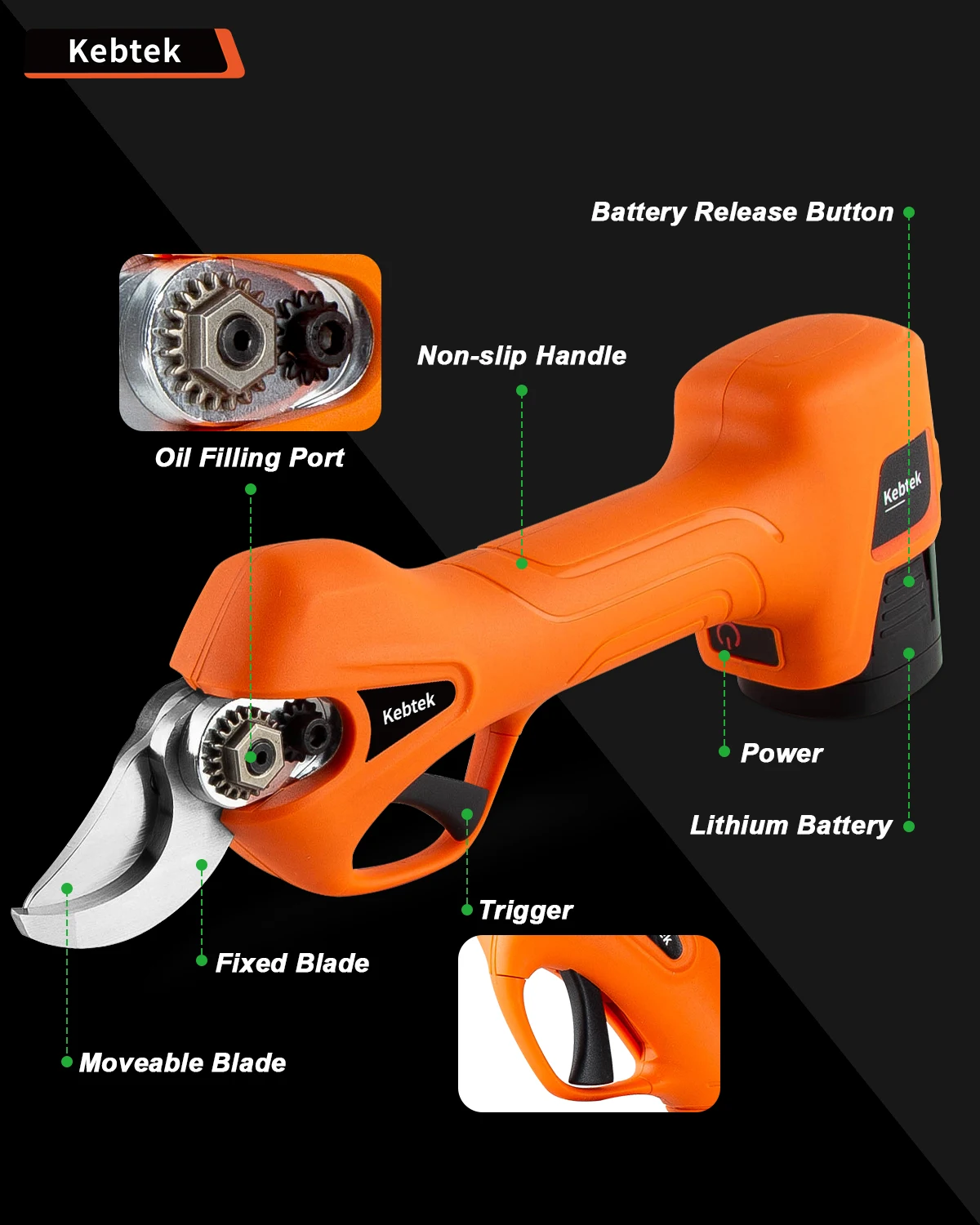 Садовые ножницы Kebtek на батарейках беспроводные электрические для ветвей с