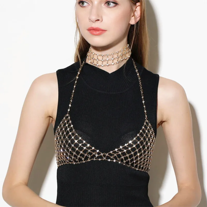 Сетчатый пирсинг сексуальный полый грудь цепь тела кристалл бикини бюстгальтер