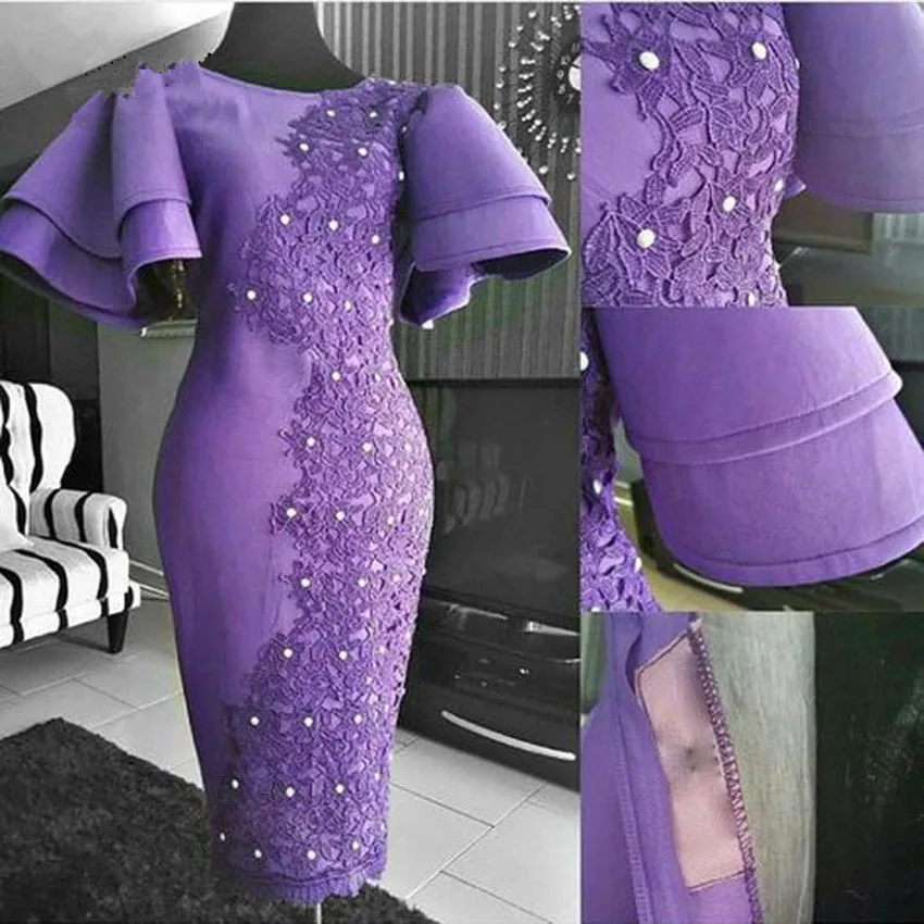 

Real Image Purple Lace Sheath Evening Dresses 2023 Elastic Puffy Short Sleeves African Prom Gowns Tea Length Formal Occasion