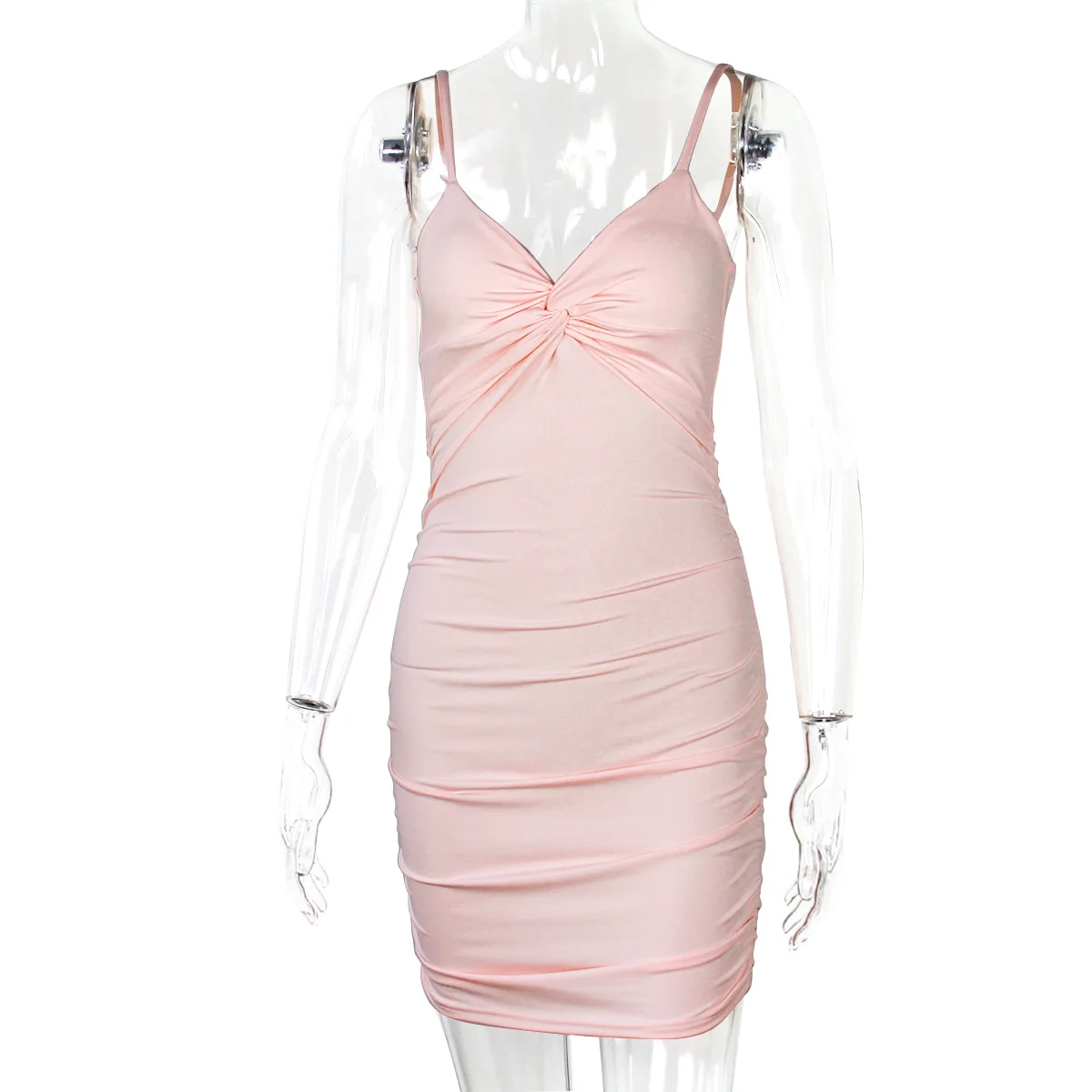 

2021 sling women's dress in summer solid color sexy slim low-cut deep V folds casual all-match bag hip nightclub dress