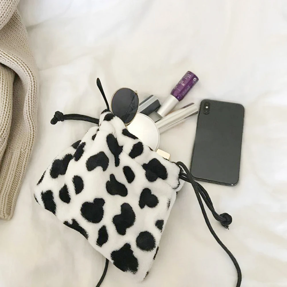 

Women Plush Crossbody Bag Cow Milk Print Shoulder Drawstring Mini Handbags Handbag Soft Warm Fur Tote Purse For Lady Bag