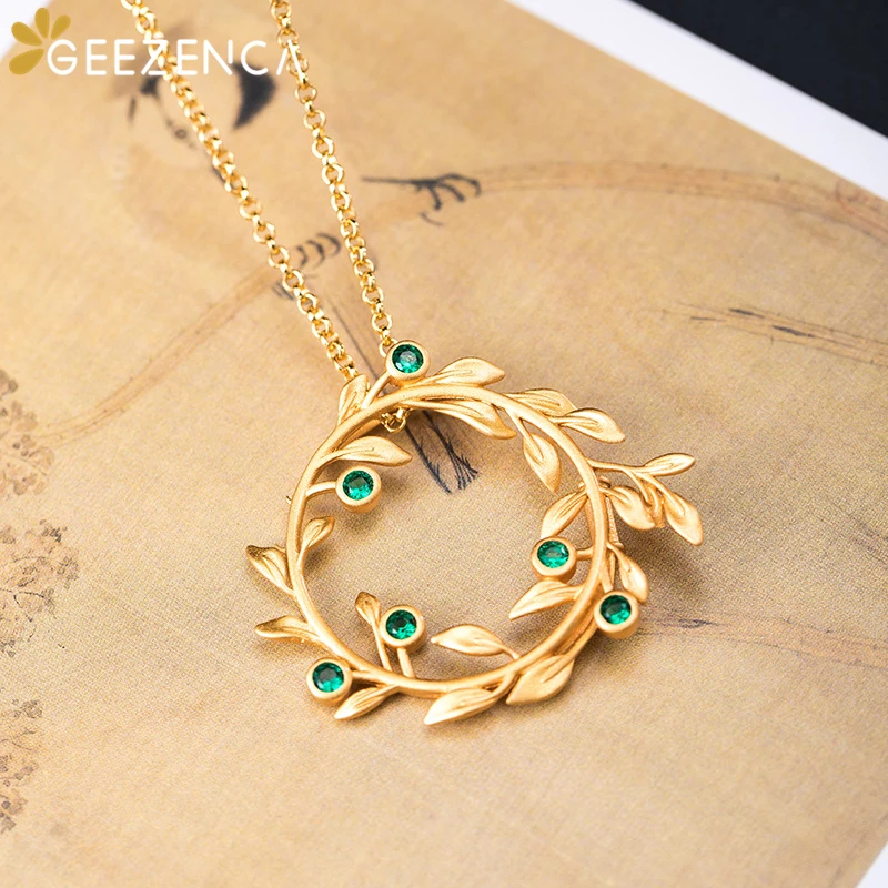 

S925 Silver Gold Plated Olive Wreath Zircon Pendant Necklace For Women Hollow Craft Trendy Sweater Necklaces Fine Jewelry Gift