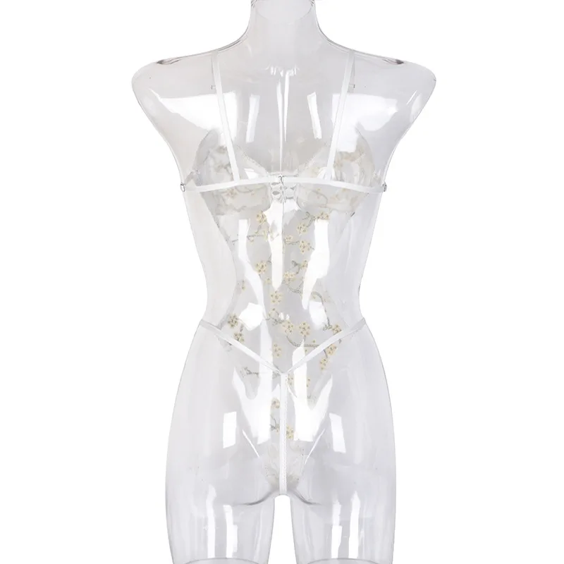 

2021 New Women's Fashion Mesh Beautiful Embroidery Sexy Backless Bow Jumpsuit Perspective Lingerie G-string Bra Underwear Body