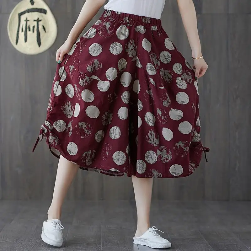 

Summer Cotton Hemp Capris Women's Printing National Style Loose Relaxed Elastic Waist 200 Jin Wide Leg Pants Jumpsuit Shorts