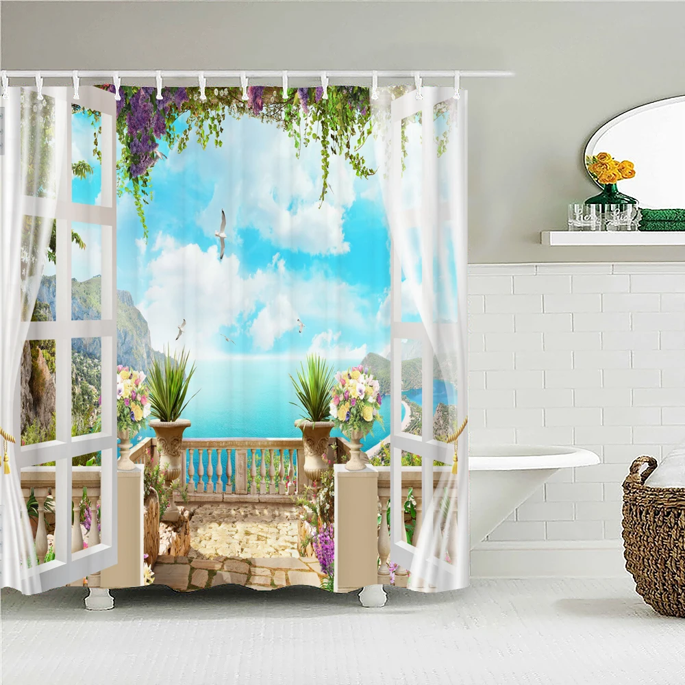

The Scenery Outside the Window Fabric Shower Curtain Bathroom Curtains Natural Rural landscape Bath Screen Decor with 12 Hooks