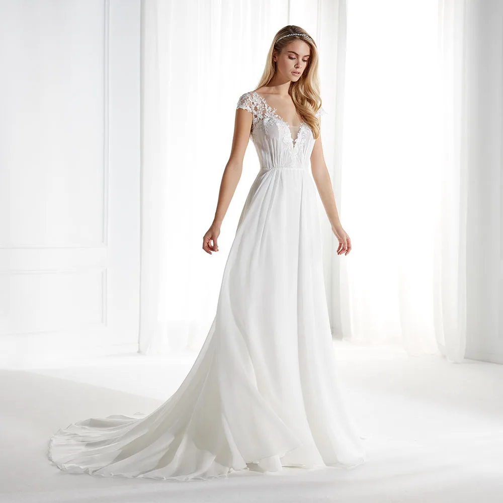 

A Line Beautiful Bridal Dress Chiffon Elegant Woman Short Sleeve V Neck Illusion Button Back Wedding Gown Robe De Soriee
