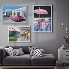 Ретро-постер для пикника в средневековом стиле, ограниченная серия, оригинальный розовый Фольксваген жук, привлекательная девушка