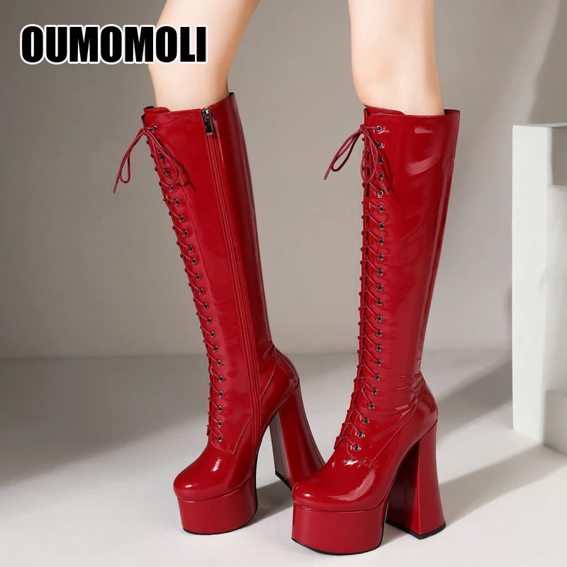 

High Heels Long Boots Women Sexy Knee-length Boots Female Lace-up Patent Leather Punk Boots Dancing Fetish Shoes Lady Big Size