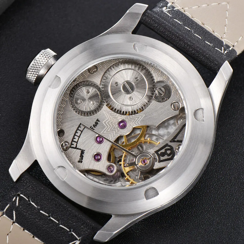 

Parnis 46mm Black Dial Mechanical Hand Wind Watch Men Luminous Waterproof Leather Strap Wristwatch Men