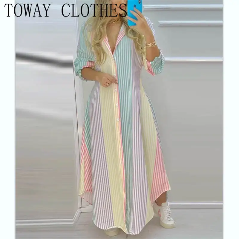 

Women Turn-down Collar Colorful Stripe Print Button Front High Slit Long Shirt Dress