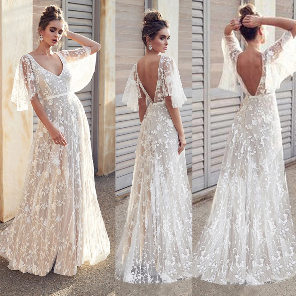 Платье женское кружевное с V-образным вырезом длинное вечернее коротким рукавом