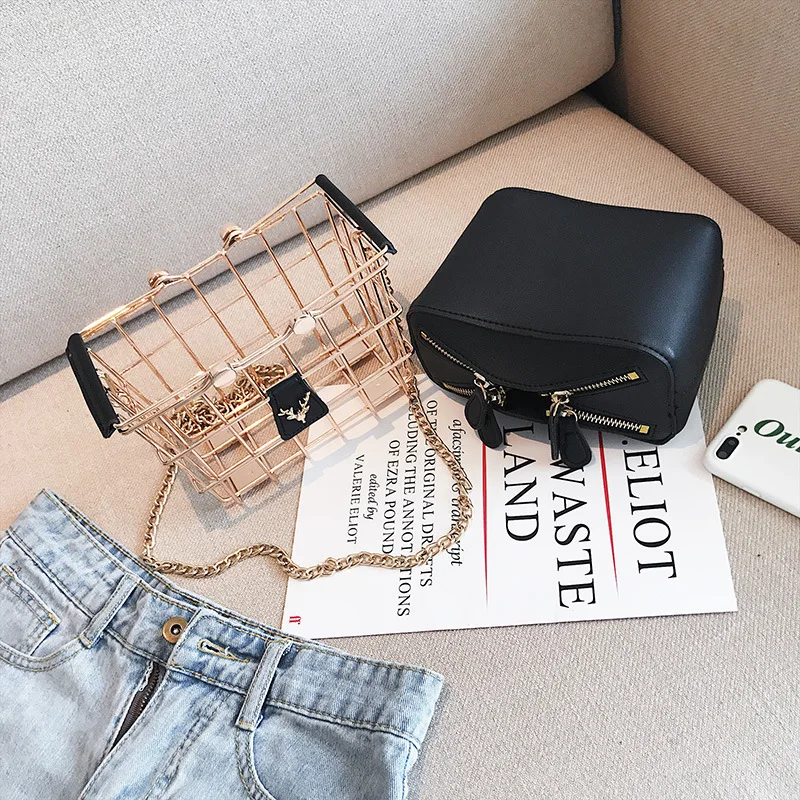 New All-Match Metal Frame leather Handbags Personality Bird Cage Crossbody Bags Women Casual Motorcycle Bag Iron Basket Handbag | Багаж и
