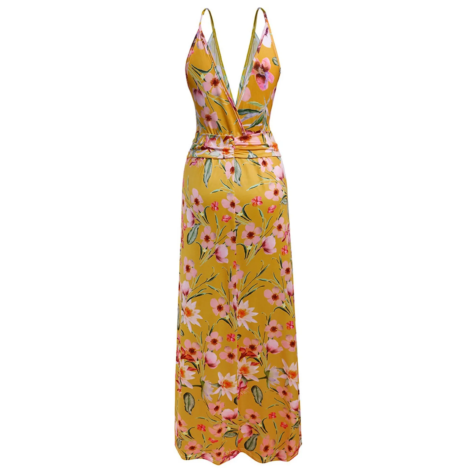 

Vacation Style Printed Dress Women Lace Up High Waist V Neck Dresses New 2021 Fashion Summer Sleeveless Long Maxi Dress Vestidos