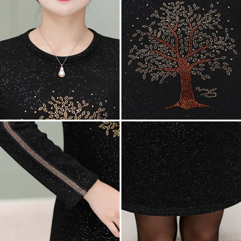 

Spring mid-length dress plus velvet round neck wild lady bottoming dress long-sleeved parquet hot sale A666