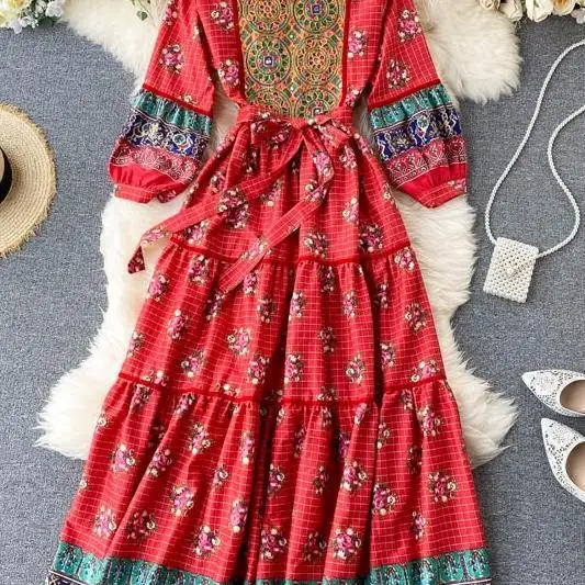 

Spring and autumn women's New Retro cotton red print bohemian dress V-Neck long sleeve print swing elegant long dress 2020