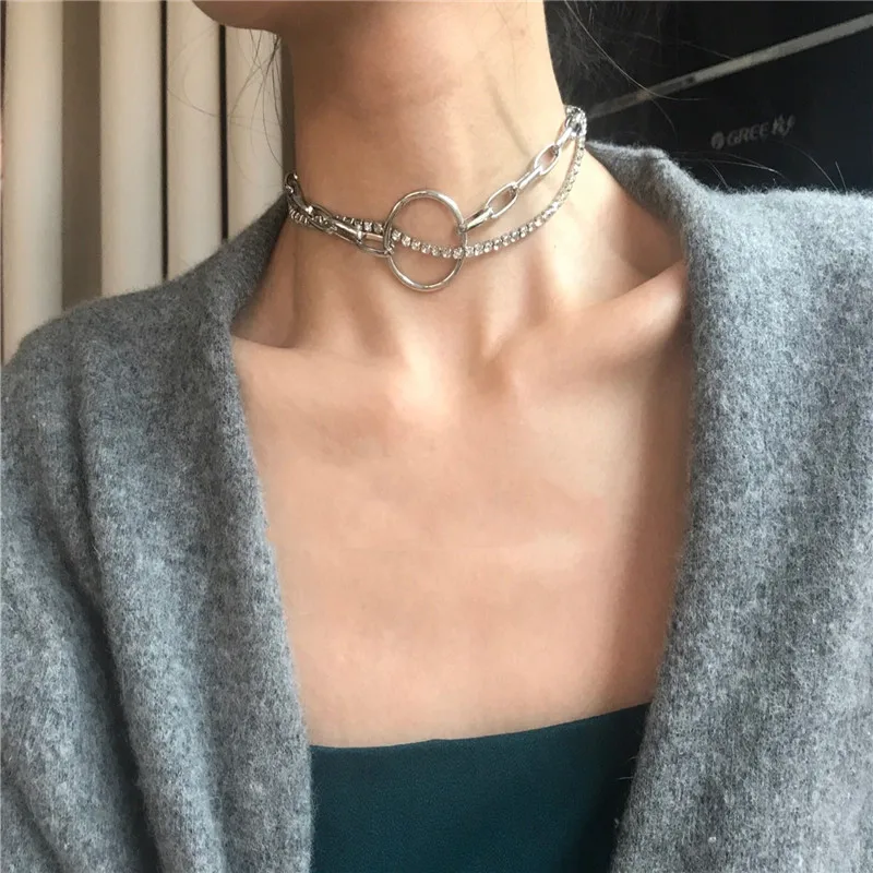 Женское Двухслойное колье чокер в стиле хип хоп массивная цепочка серебристого