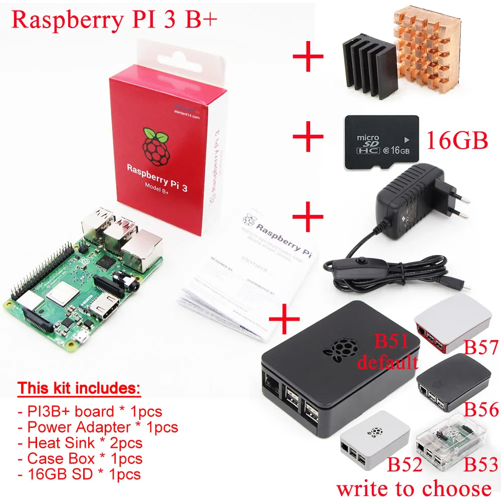 Комплект 5 Raspberry Pi 3 Model B+ плюс плата+ теплоотвод+ адаптер питания источник питания переменного тока. 1Гб LPDDR2 четырехъядерный WiFi и Bluetooth - Комплект: Комплект 5