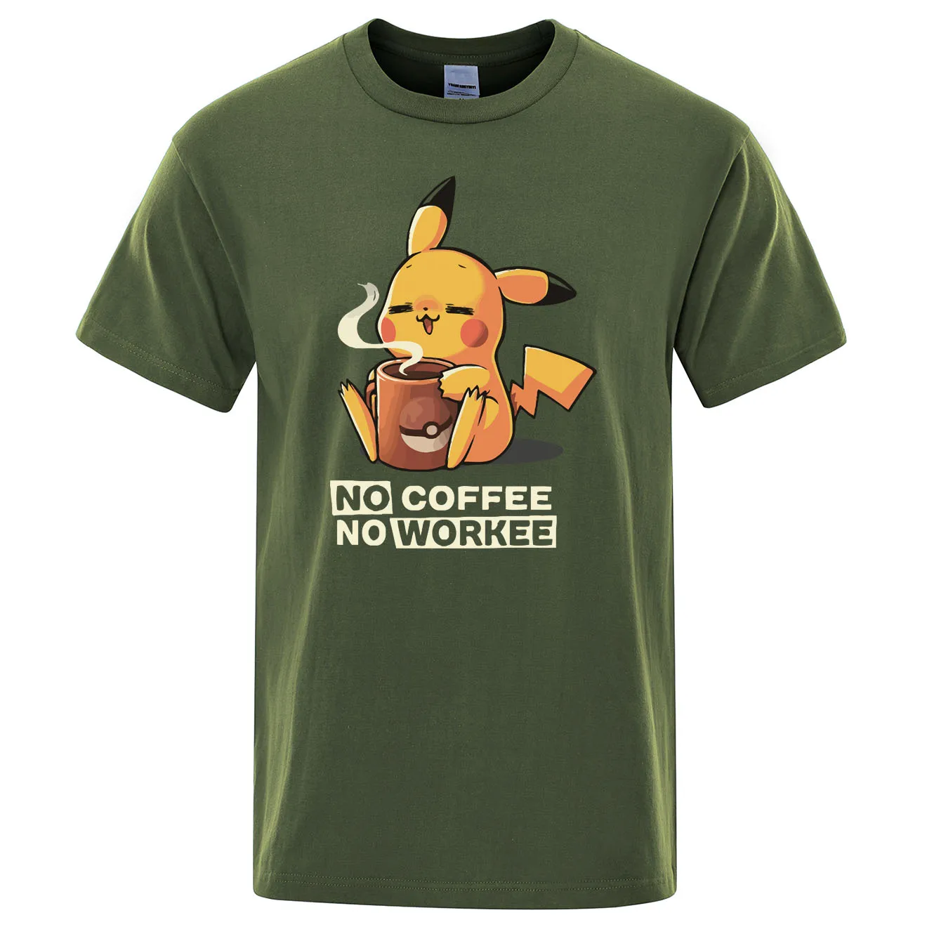 Футболки NO COFFEE NO WORKEE, Пикачу, футболка Pokemon, повседневные мужские футболки с круглым вырезом, Забавные футболки, черные мужские топы, брендовая одежда - Цвет: army green 6
