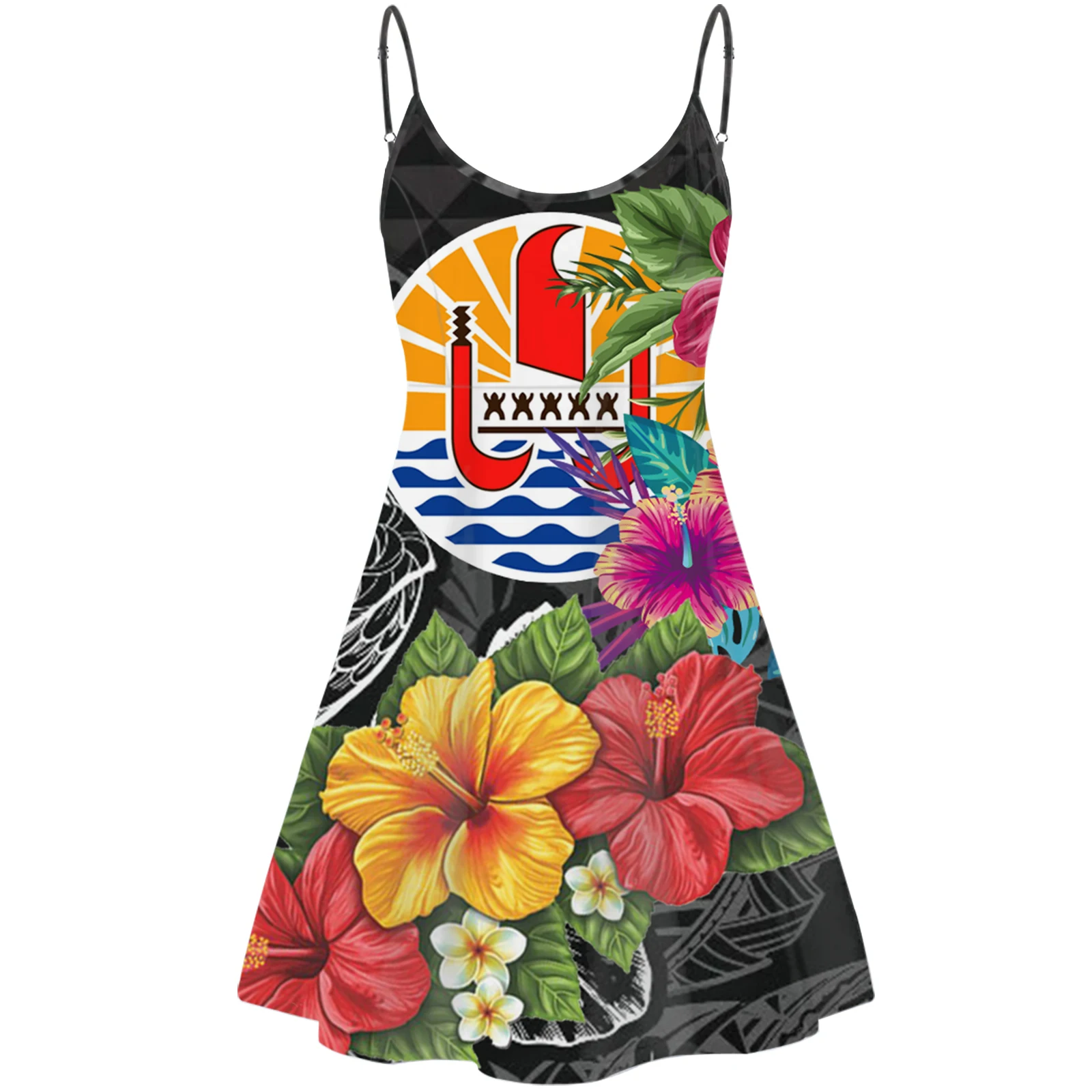 

NEW 2021 French Polynesia Tahiti Tattoo Hibiscus Brand Designer Casual Spaghetti Strap Dress for Girls Knee Length Party Dresses