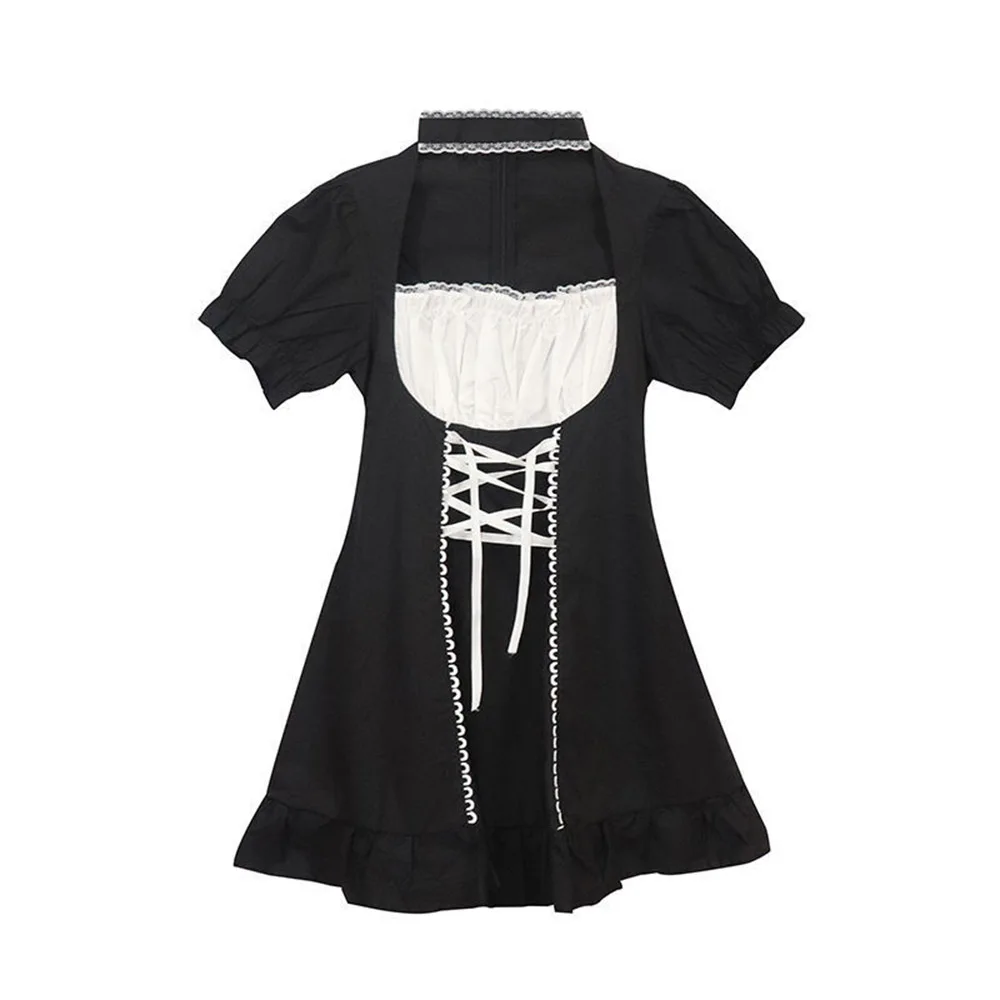 

Lolita Style Women Dress Summer New Fashion Designer Cute Kawaii Lace Up Hollow Out Bandage Stand-up Collar Girls Gothic Dresses