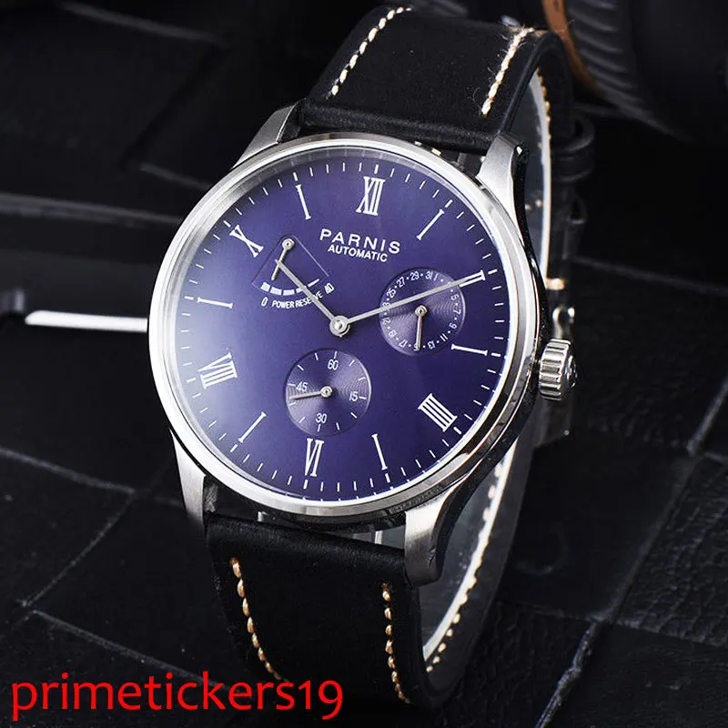 

Automatic Movement 42mm PARNIS Blue Dial Full Solid Case Date Power Reserve Leather Strap Mens Watch Black PVD Case watch