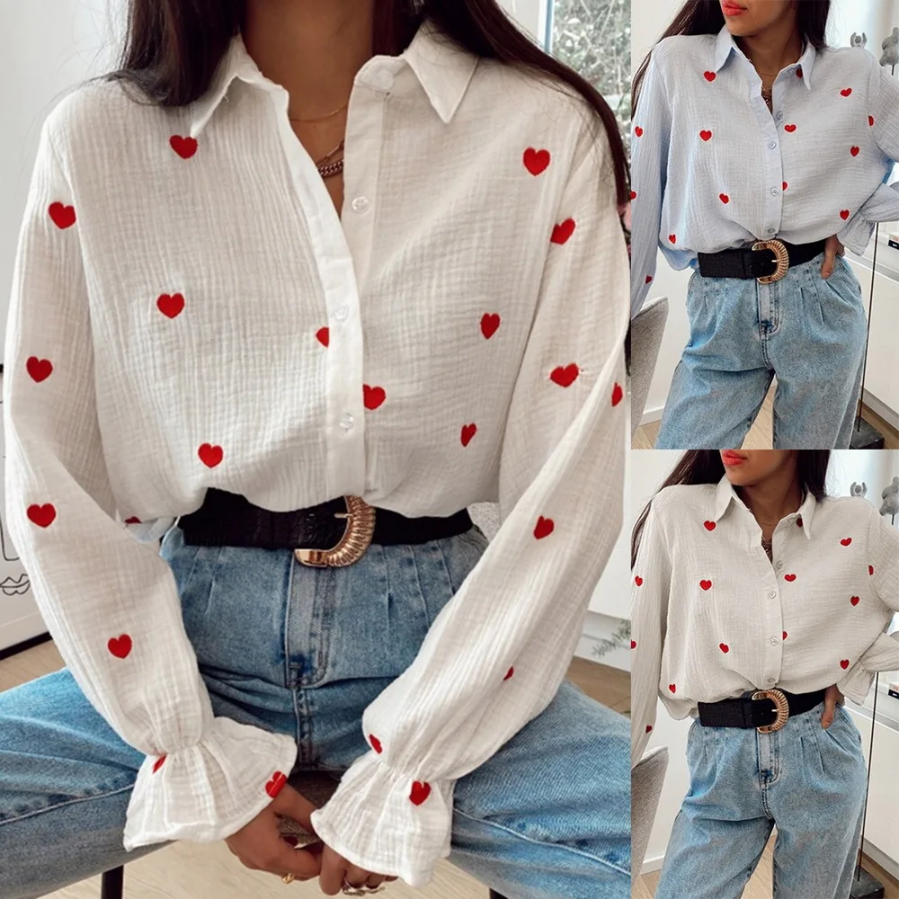

Fashion New Casual Turn Down Collar Blouses Women Elegant Long Sleeve Shirts Women Red Heart Embroidery Tops Ladies