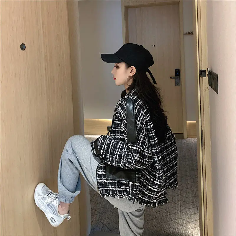 

Women 's Jacket 2021 Spring And Autumn Korean Style Loose Thin Stitching Leather Cool Big Pocket Top