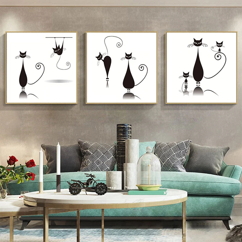 Минималистичная Картина на холсте с изображением милой кошки и головы черного