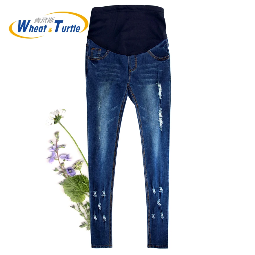 Good Quality Denim Skinny Maternity Jeans Holes Contrast Stitching Pockets Pencil Jeans for Pregnant Women Pregnancy Pants