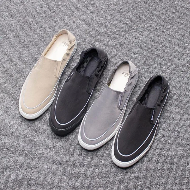

2021 New Vulcanized Shoes Men Casual Sneakers Stitching Round Toe Canvas Loafers Breathable Male Rubber Bottom Slip-on Flat