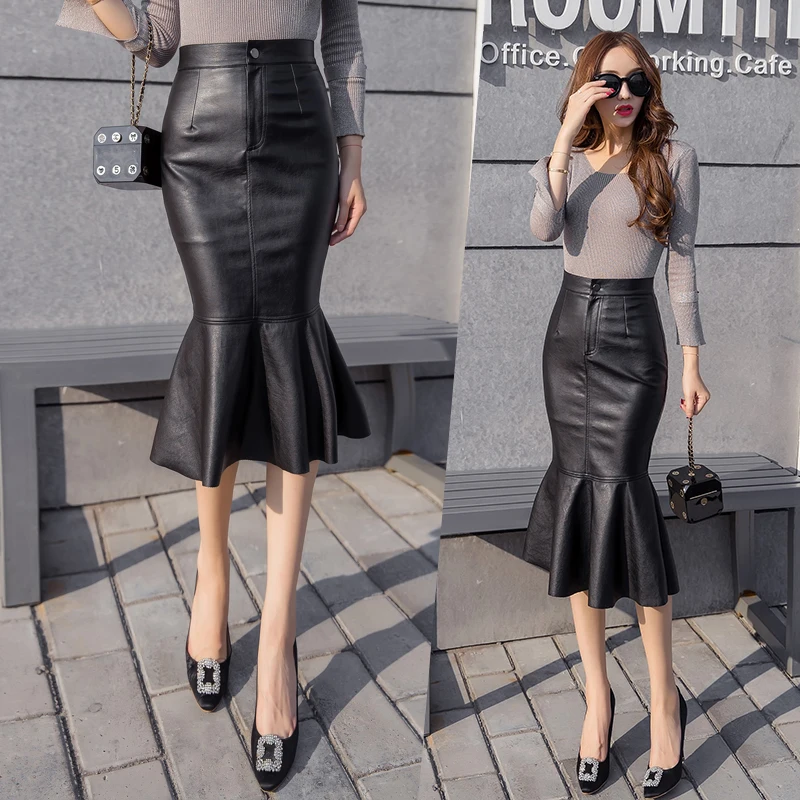 

Skirt Fashion package hip High Waist slim Mermaid skirt women Feminina 2021 Autumn Winter Elegant PU leather