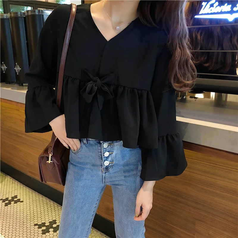 

sweet full v-neck ruffles loose Korean style Spring and autumn flare sleeve ladies tops high quality Women's Clothing shirts