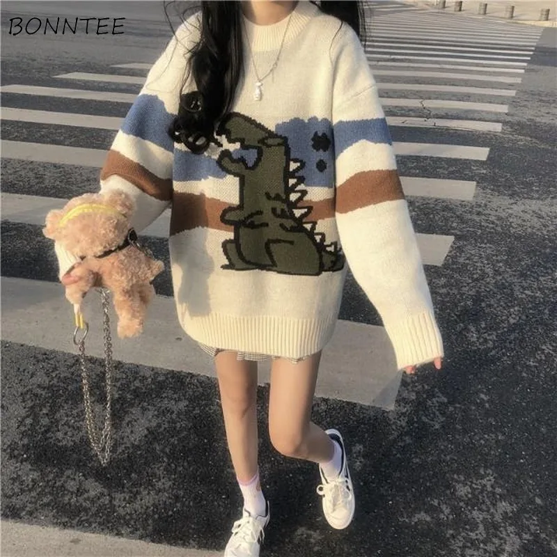 

Knitting Sweater Women Cartoon Printed Cute Japanese Style Warm Soft Daily Streetwear Casual Comfortable Simple Womens Pullover