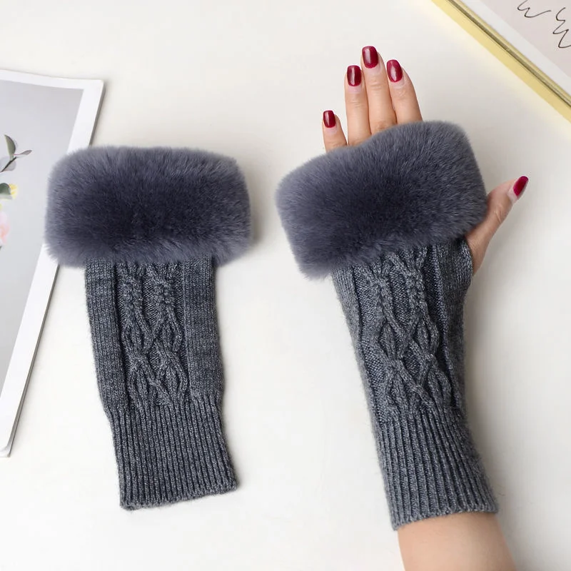 New arrival lady natural rex rabbit fur mittens Twist knit wool fingerless gloves winter warm