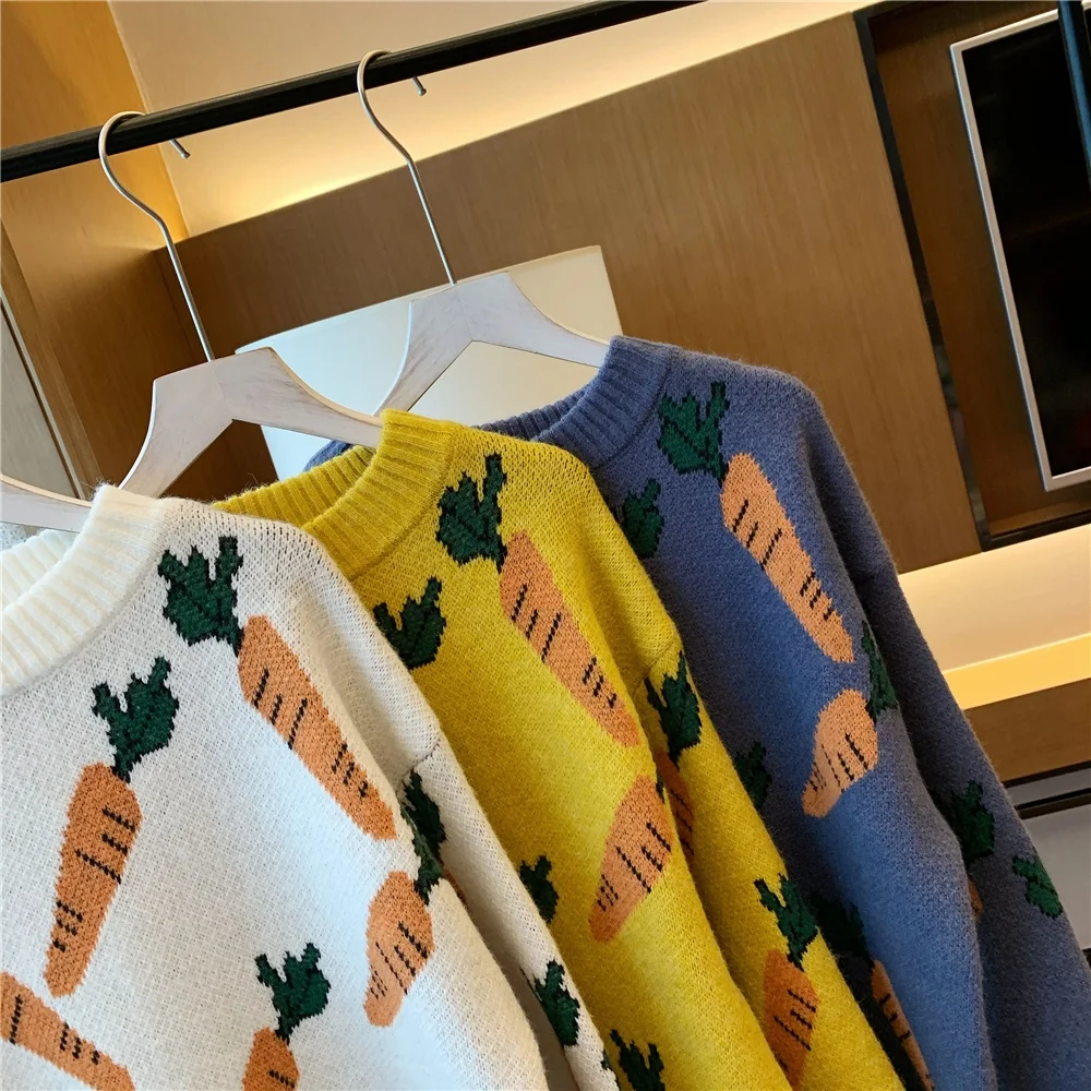 

Juice Snow2020 Autumn New Carrot Pattern All-Match Sweater Women's Round Neck Pullover Loose Long-Sleeved Sweater