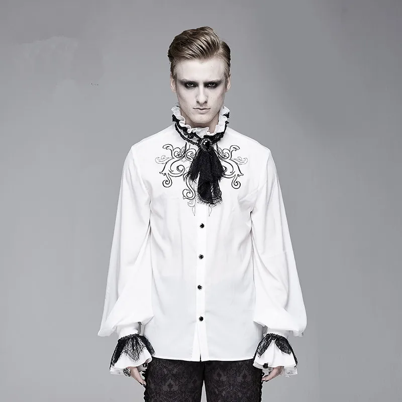 Gothic Vintage Mens Shirts White Neckties Mens Top Stand Neck Printing Patchwork Mens Clothing