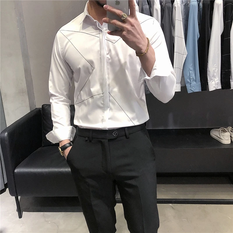 

Loldeal Long Sleeve Shirt Men Slim Polyester Fiber Comfortable Printing Casual Lapel Collar
