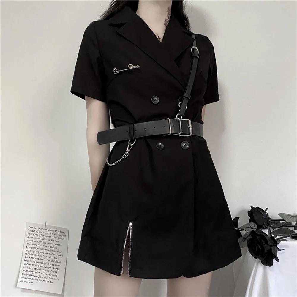 

Rosetic Gothic Blazer Dress Women Black Sexy Mini Dresses 2020 High Waist Harajuku Goth Girl Zipper Punk With PU Leather Belt