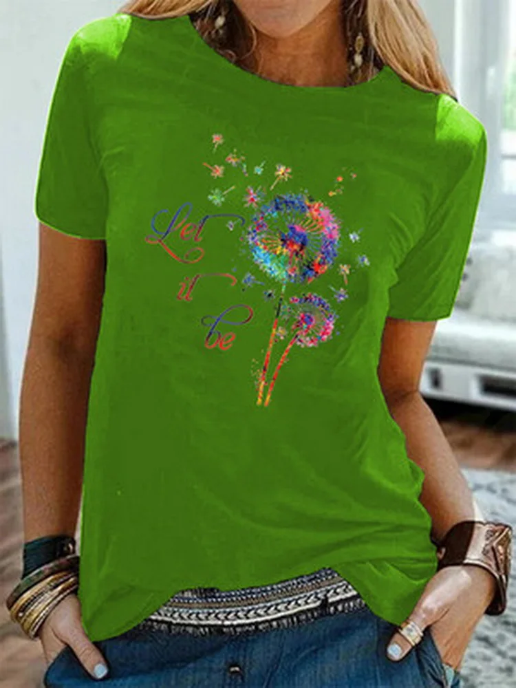 

2021 summer new casual women's fashion color dandelion printed pattern round neck short sleeve multi-color T-shirt women