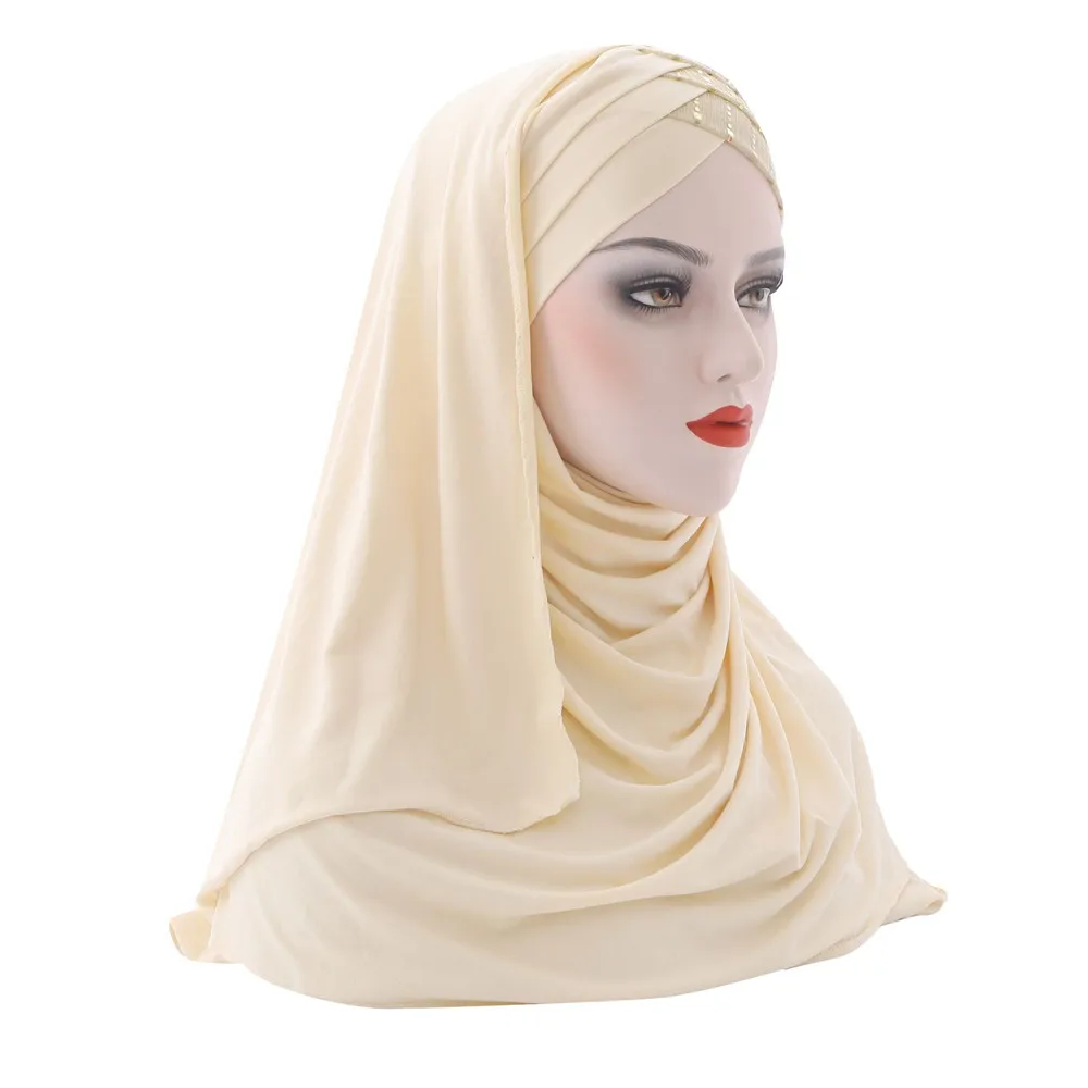 

2021 Muslim Scarf Plain Hijabs Sequins Shawls and Wraps Forehead Cross Femme Musulman Hijab Ready to Wear Turban Women Scarves