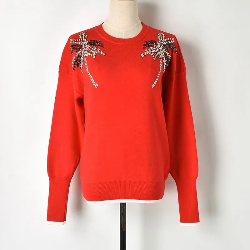 Womens Sweaters 2018 Winter Long Sleeve O-neck Coconut Tree with Beading Knit and Pullovers Red Black White Hem | Женская одежда