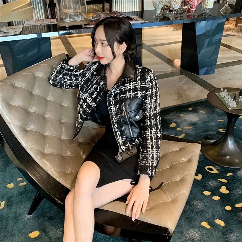 Женское черное клетчатое пальто куртка из искусственной кожи на молнии с большим