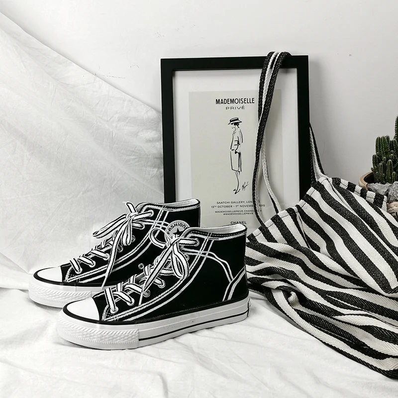 2019 модные высокие кроссовки парусиновая обувь женская повседневная белая