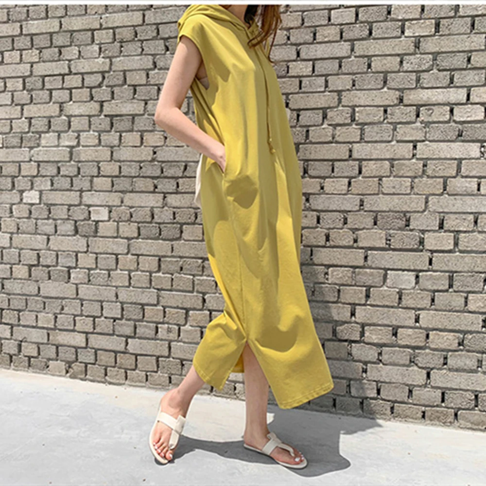 

2021 New Spring And Autumn Fashion Sleeveless Hooded T-Shirt Skirt Length Loose Casual Temperament Versatile Dress