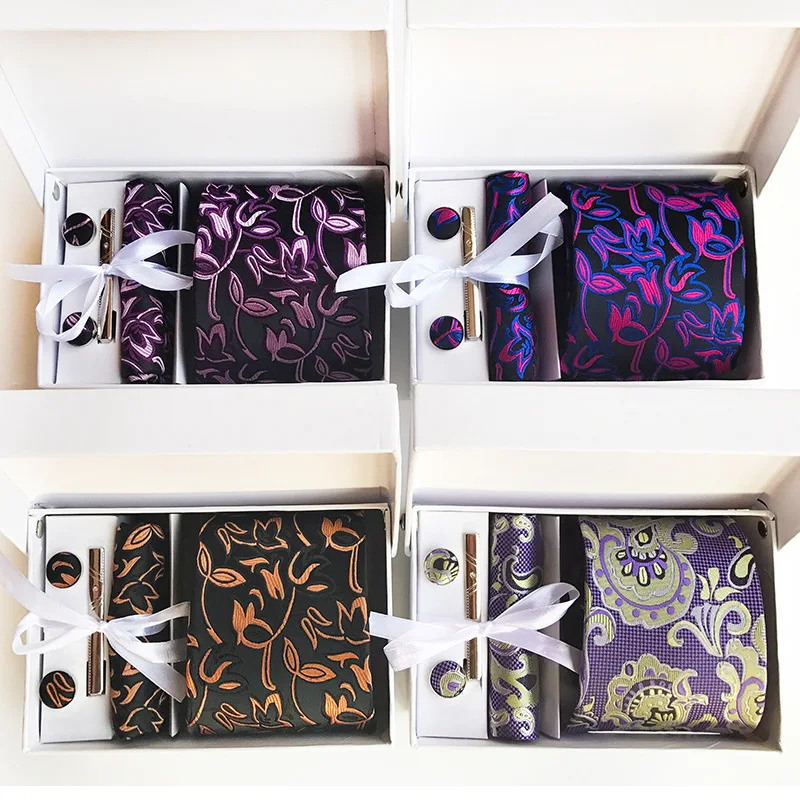 

Наборы запонок, носовой платок, зажима для галстука и галстука в подарочной коробке мужской галстук для свадьбы, выпускного, шейный галстук,...