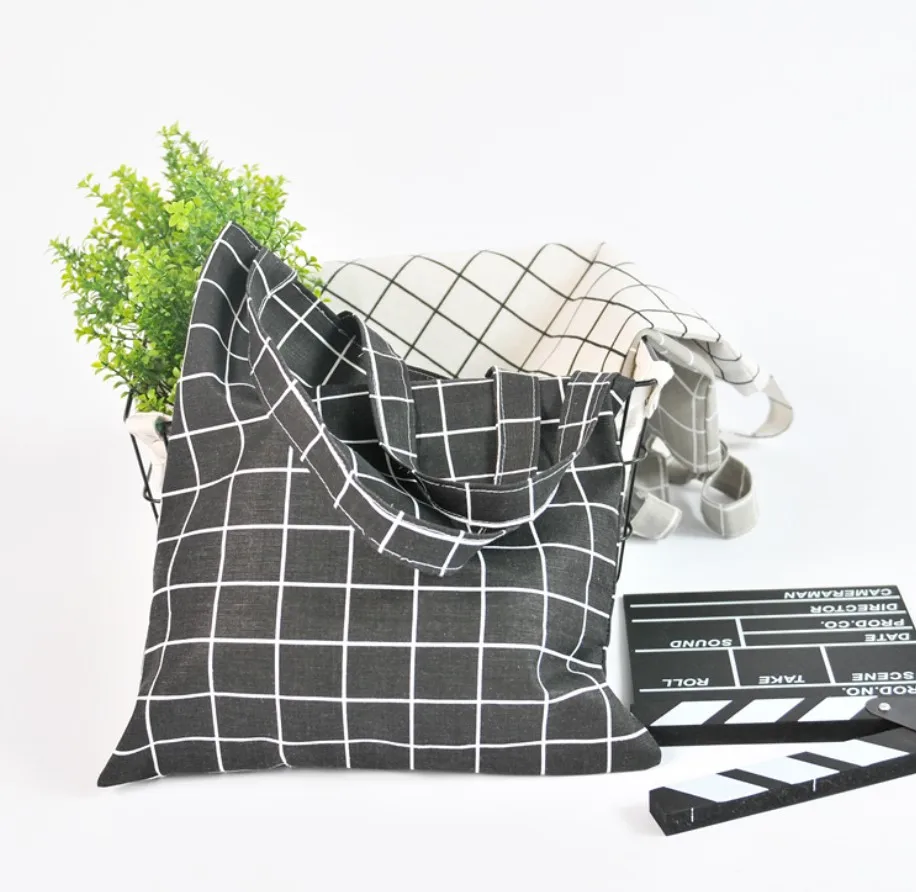 

50pcs Women 3 Colors Shopper Bag Plaid Linen Cotton Canvas Shopping Shoulder Bags Eco-friendly Folding Portable Grocery Tote Bag